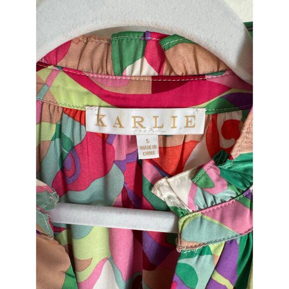 Karlie Blouse Small Multicolor Abstract Print Long Sleeve Ruffle Neck Boho Top - Picture 3 of 7